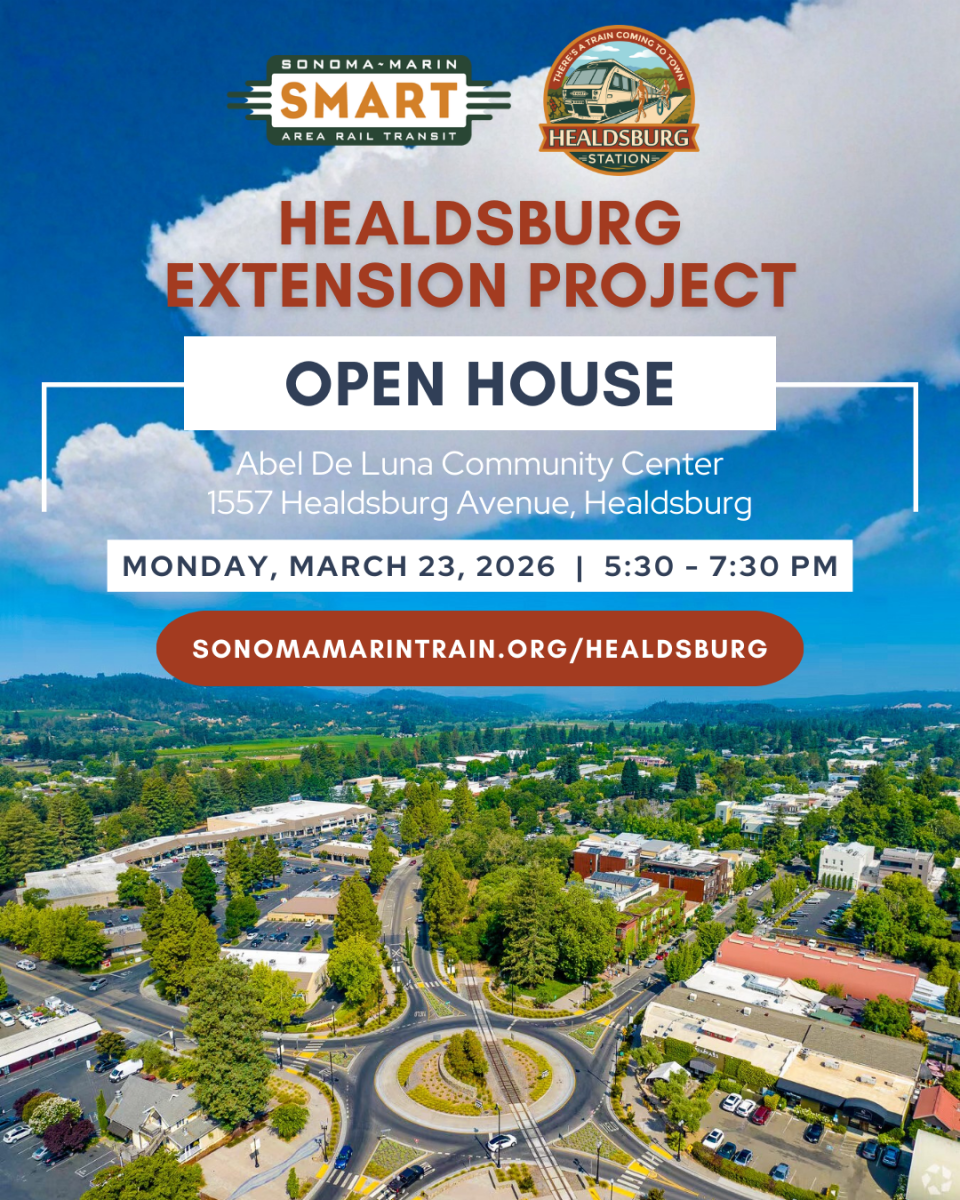 Aerial view of Healdsburg with trees and roads. Text overlay announces the Healdsburg Extension Project Open House, March 23, 2026, 5:30-7:30 PM.
