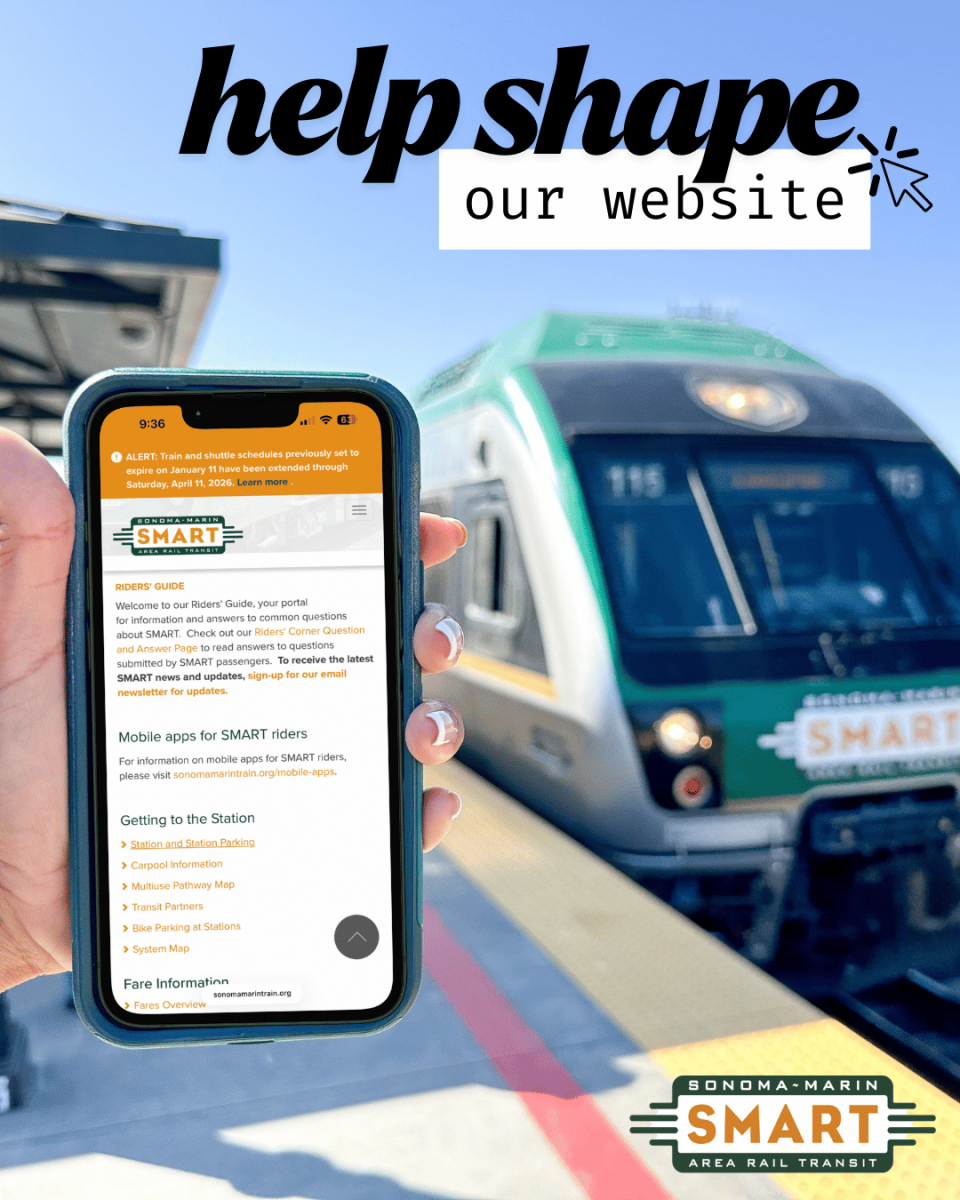 A person holds a smartphone showing a rail transit website survey. A SMART train is in the background at the station. Text reads "help shape our website."