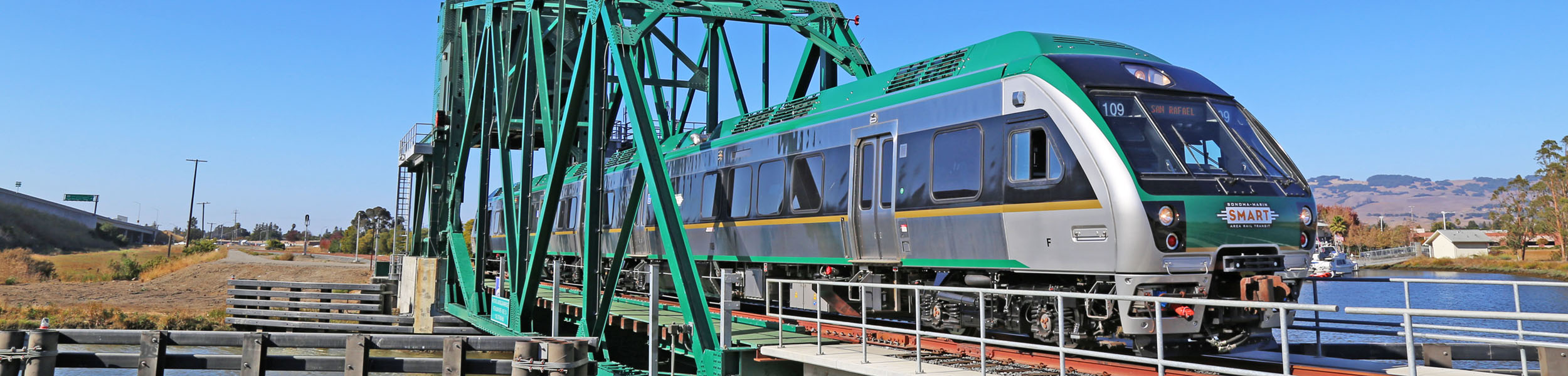 SMART Train crosses Haystack Bridge in Petaluma.
